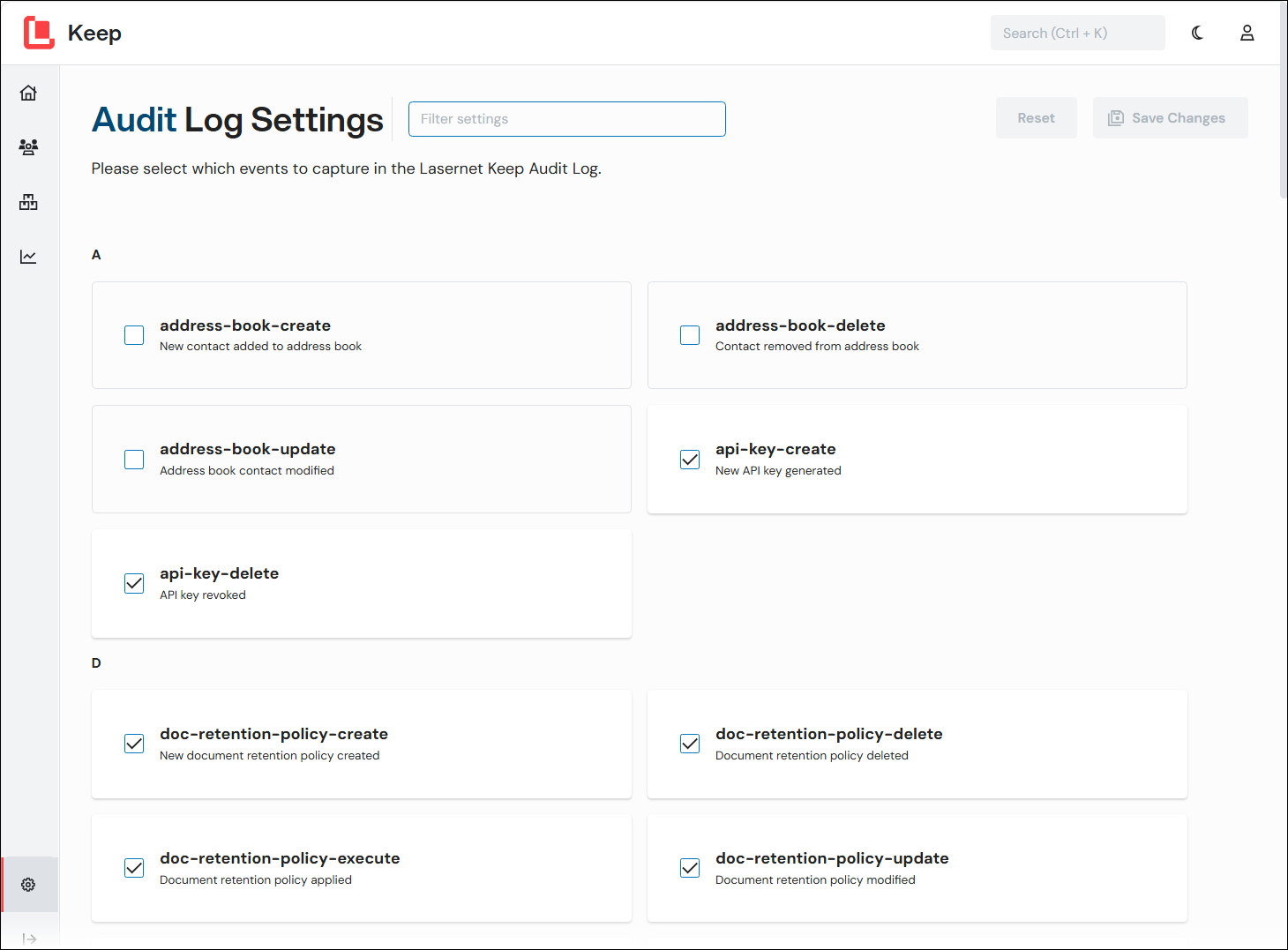 The Audit Log Settings page.